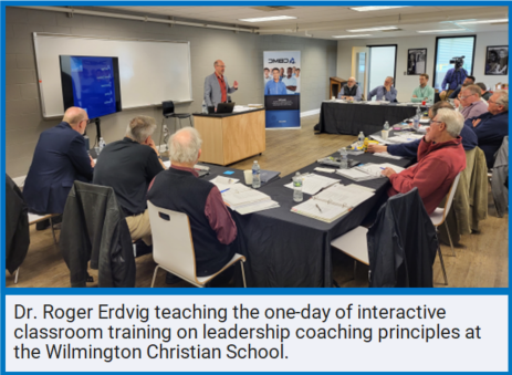 Dr. Roger Erdvig teaching the one-day of interactive classroom training on leadership coaching principles at the Wilmington Christian School. 
